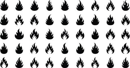 Black fire icons collection, flame symbols set, burning heat illustration, vector silhouette design, energy and hot element graphic for artwork