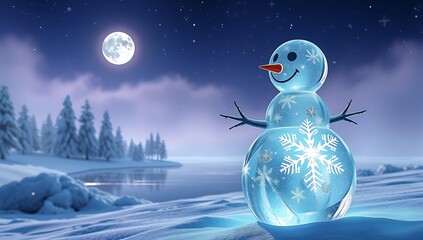A glowing snowman stands in a snowy landscape under a full moon on a winter night chirstmas