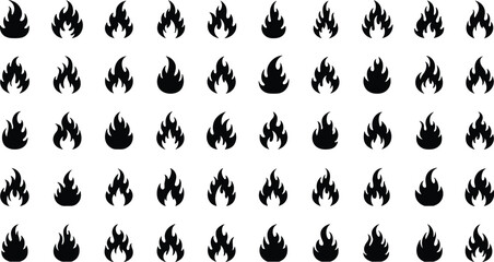 Black flame icons set, fire symbols collection, burning energy illustration, heat element graphics, silhouette flames design for digital artwork, vector style