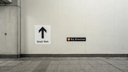 Small black arrow pointing upward on an empty white wall