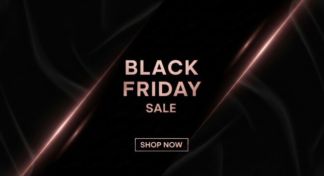 Black friday sale with elegant rose gold lines and smoke effect on a dark background, shop now button