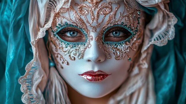Mysterious masked figure with intricate makeup in a vibrant costume at a festive celebration