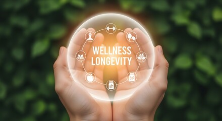 Hands cupping a glowing sphere displaying wellness and longevity icons against a blurred green background, symbolizing health and well-being.