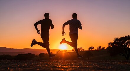 Two people running together against a vibrant sunset, silhouetted in motion.