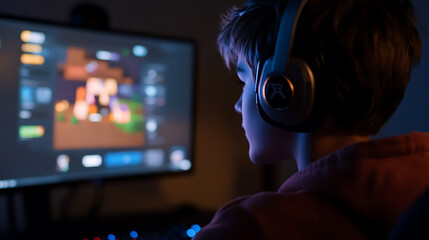 Focused teen gamer immersed in a digital world. Headphones on, eyes glued to the screen, fingers dance on the keyboard. Victory or adventure awaits in the virtual realm.