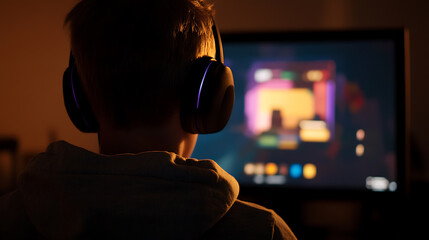 Young gamer immersed in a digital world, headphones on, eyes glued to the screen. The vibrant game colors light up the dark room, creating an atmosphere of focus and excitement.