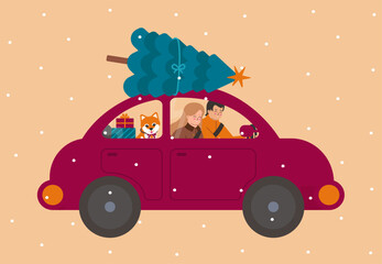 Vector illustration with flat character of man, woman and dog. Boy drives red funny car with christmas tree , gift boxes and cute pet. Girl sits and smiles. Siba Inu has orange fur and golden bell
