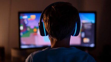Immersed in the digital world! Gamer sporting headphones, eyes glued to the screen. Action, adventure, stories coming to life with every click, button, and the controller!