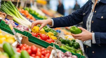 A person selects fresh produce, examining a lemon and holding a green pepper in a brightly lit grocery store.