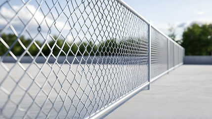 Fototapeta premium A silver metal chain-link fence stretches across a gray concrete surface, with trees and a cloudy sky visible in the background, creating an industrial yet natural juxtaposition.