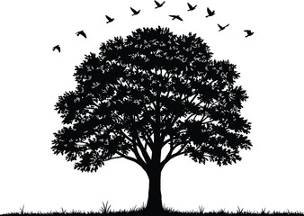 Beautiful tree silhouette with flying birds, nature landscape vector illustration, peaceful outdoor scene, black and white forest design artwork