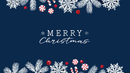 Elegant merry christmas greeting card with white snowflakes pine branches red baubles and candy canes on a navy blue background