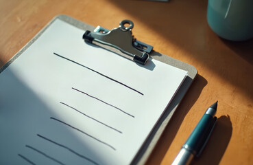 Clipboard with blank paper and pen on wood table. Sunlight creates shadows. Planning or note taking for creative project. Simple work surface setup.