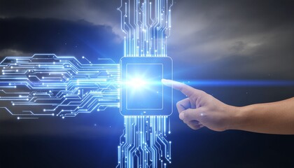Innovative hand touches glowing digital circuit board and central processor, symbolizing future technology and AI integration