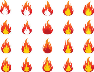 Flame icon grid, fire illustration set, burning symbols, stylized flames, heat concept, digital fire, red orange yellow blaze