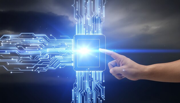 Innovative hand touches glowing digital circuit board and central processor, symbolizing future technology and AI integration