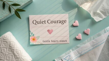 Inspirational Quote on Card with Heart Shape Surrounded by Text and Soft Pastel Decor in a Calm Environment