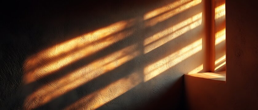 Afternoon sunlight enters diagonally, forming geometric light patterns on a beige wall with warm tone and clean open composition
