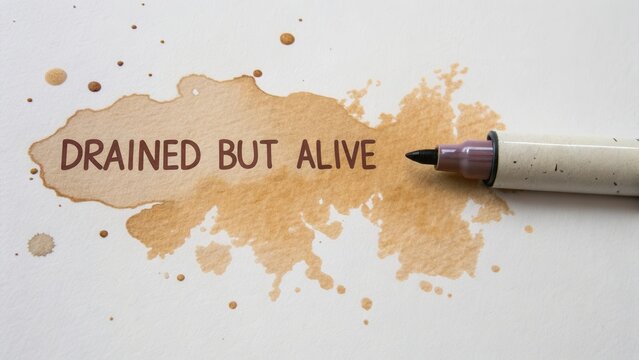 Inspirational quote "Drained but Alive" with coffee stains and marker illustration on textured paper background