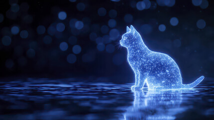 Obraz premium Glowing cat silhouette made of stars sits gracefully against dark background, creating magical atmosphere