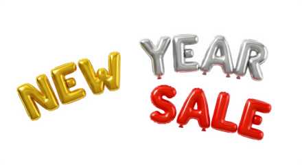 Golden new year and red sale balloons text isolated on transparent background