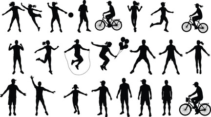 Silhouette activity set, human movement icons, physical exercise poses, recreational actions, fitness illustration, dynamic figures, sport symbols, active lifestyle