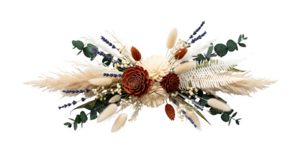 A captivating arrangement of dried flowers, featuring a harmonious blend of textures and tones, isolated on transparent background the composition showcases delicate blooms, feathery plumes, and rusti