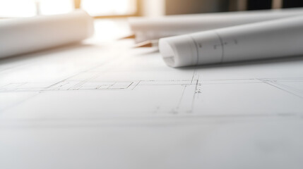 Detailed architectural blueprint with precise line work and design details, offering a close-up view of the planning and construction process. Meticulous precision.