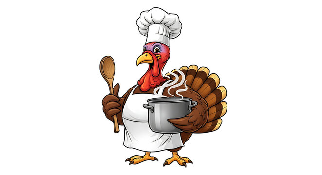 Cartoon turkey chef holding a pot with steam and a wooden spoon on a black background image