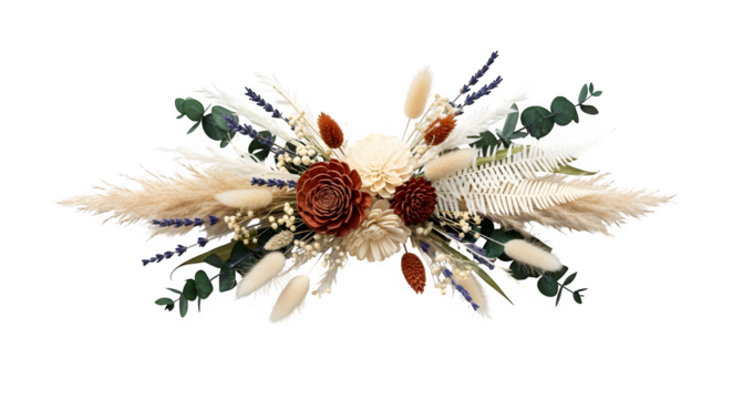 A captivating arrangement of dried flowers, featuring a harmonious blend of textures and tones, isolated on transparent background the composition showcases delicate blooms, feathery plumes, and rusti