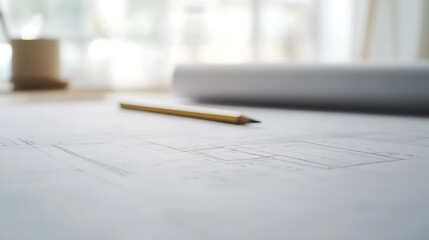 Detailed architectural blueprint on a bright desk with tools. Pencil laying on the plans ready for corrections or more details. The background is slightly blurred.