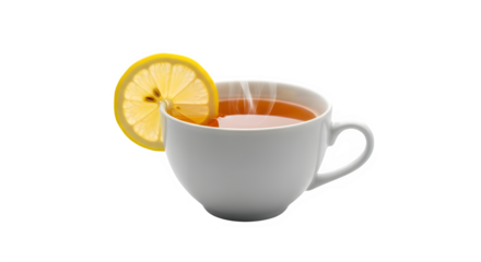 A steaming cup of tea with a lemon slice, isolated on transparent background, offers a refreshing and comforting beverage experience, perfect for relaxation and enjoyment in any setting
