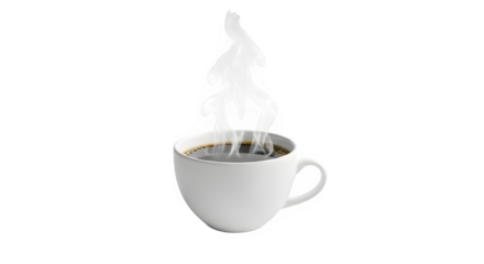 A steaming cup of black coffee sits isolated on transparent background, its dark liquid contrasting with the pristine white ceramic wisps of vapor rise gracefully, hinting at the warmth and inviting a