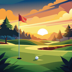 Golf course green with flag and ball at sunset golf ball