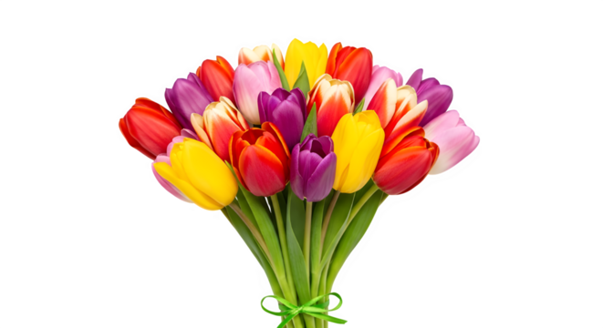 A vibrant bouquet of tulips isolated on transparent background, showcasing a mix of colors including red, yellow, purple, and pink, perfect for spring celebrations and floral designs, conveying joy an