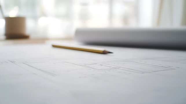 Detailed architectural blueprint on a bright desk with tools. Pencil laying on the plans ready for corrections or more details. The background is slightly blurred.