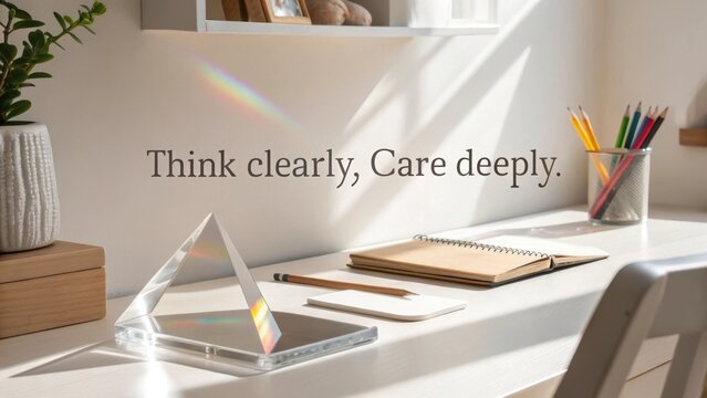 Inspirational workspace with a crystal pyramid, message of clarity and care, natural light and greenery enhancing focus