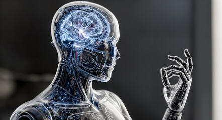 Transparent humanoid robot showing neural network and making OK gesture