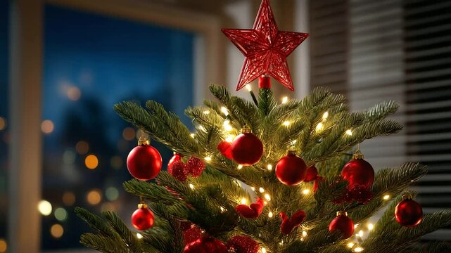 A stunningly decorated Christmas tree, glowing with warm white lights and redgold ornaments, a shining star on top. Cinematic, festive, magical. blurred background, with copy spac