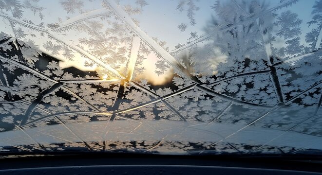 Intricate frost patterns on a window with sunlight shining through