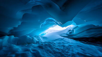 Natural ice cave with deep blue frozen walls and snow