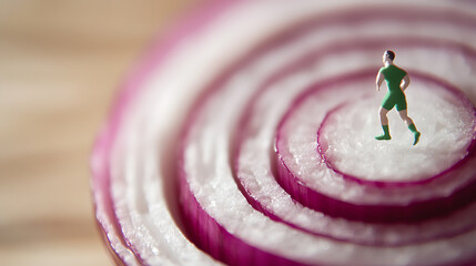 A miniature runner navigates the concentric rings of a sliced red onion. The scene is minimalist, emphasizing scale and texture. Macro photography brings a novel perspective.