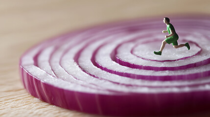Miniature runner figurine sprinting across a red onion slice, evoking themes of healthy eating, playful creativity, and the blend of fitness and food imagery.