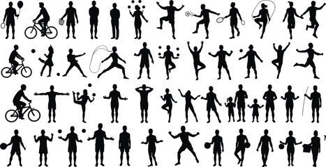 Sport silhouette set, fitness icons, athletic activity, physical exercise, dynamic movement, workout poses, sports people, health illustration, active lifestyle