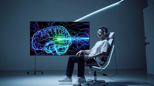 Participant wearing eeg headset seated. Facing display with vivid brain scans. Neuroscience research on neurotechnology monitoring for real time brain activity analysis. Clinical technology study.