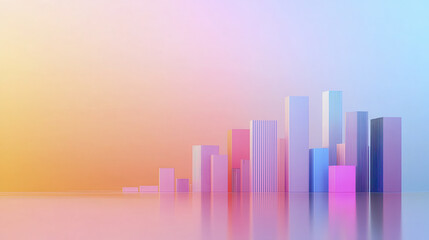 Vibrant abstract cityscape with colorful geometric shapes reflecting on smooth surface creates serene atmosphere