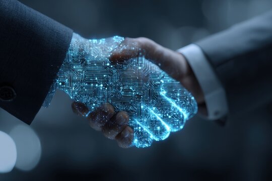 Digital handshake representing cybersecurity partnership and technological advancement in a modern business environment