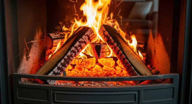 Burning logs in a cozy fireplace with warm orange flames and glowing embers, perfect for a cozy winter evening or home comfort concept. - Powered by Adobe