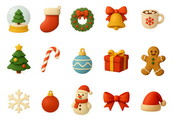 Cute 3D Clay Christmas Icon Set. Snow Globe, Stocking, Wreath, Bell, Cocoa, Tree, Candy Cane, Ornament, Gift, Gingerbread, Snowflake, Snowman, Bow, Santa Hat. PNG Collection