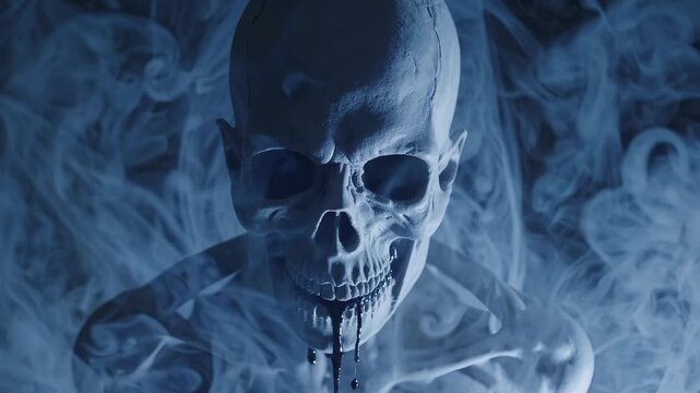 Skull emerges from swirling smoke. Skeleton upper torso looms behind skull. Drip of dark liquid falls from jaw. Eerie macabre atmosphere evokes horror. Spooky creepy mood fills frame. Shade adds